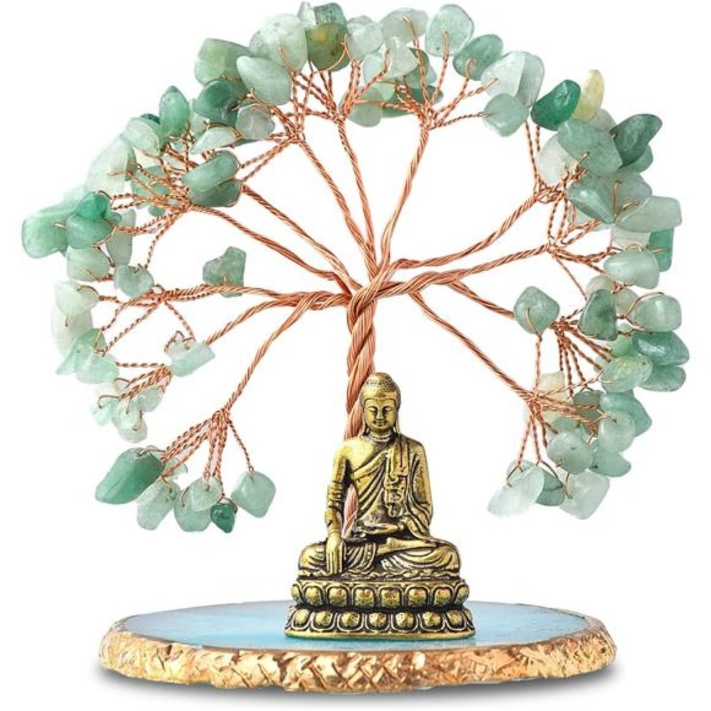 Buddha Statue with Healing Crystal Tree, Home Decor Yoga Meditation Office Desk